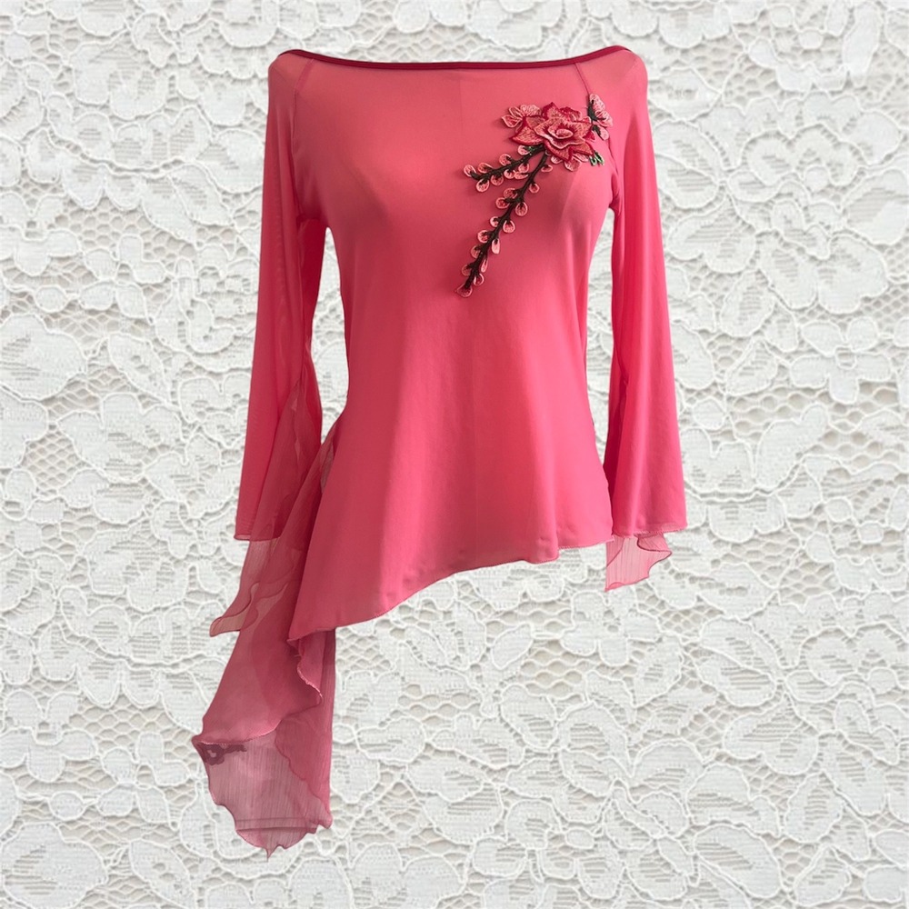 vintage y2k assymetrical hem mesh floral embroidered long sleeve top
